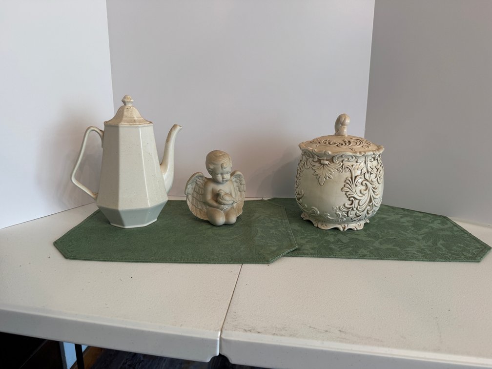 Ceramic Teapot, Cherub Figurine, Lidded Jar