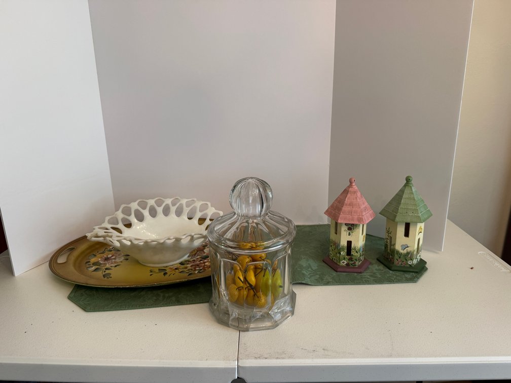 Painted Metal Tray, Ceramic Bowl, Glass Jar, 2 Butterfly shelters