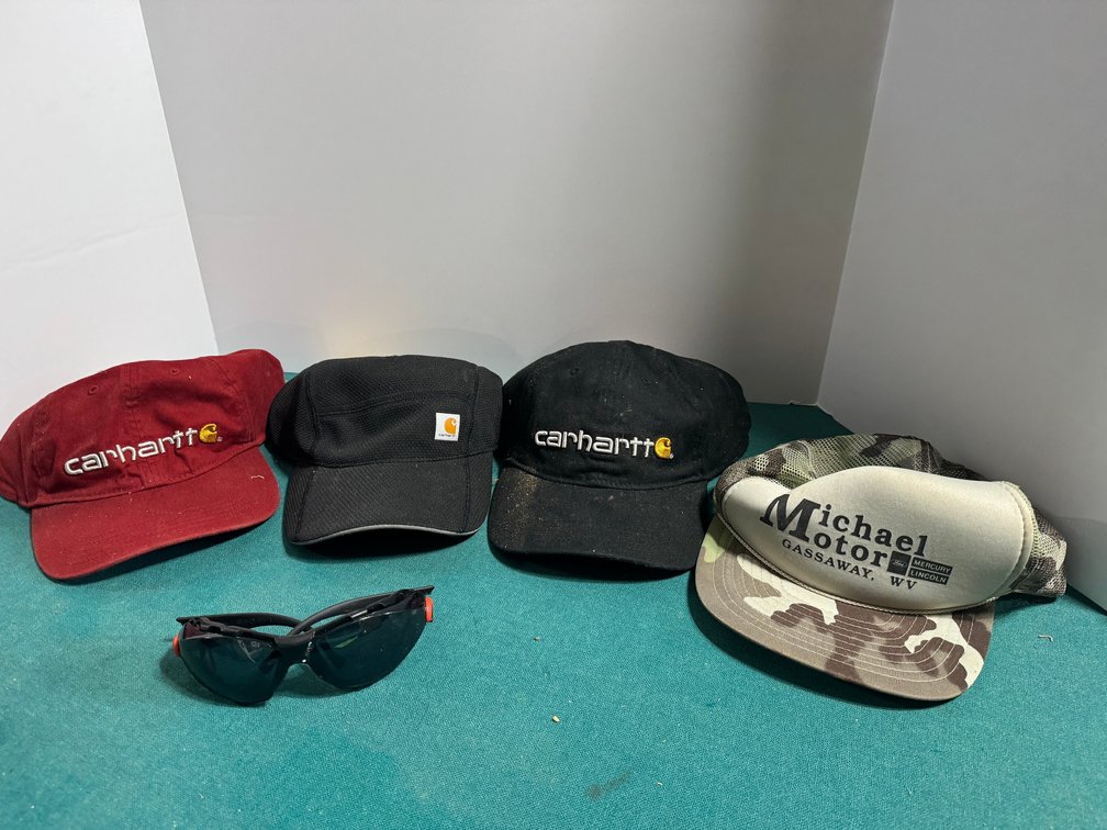 4 Baseball Caps and Safety Glasses