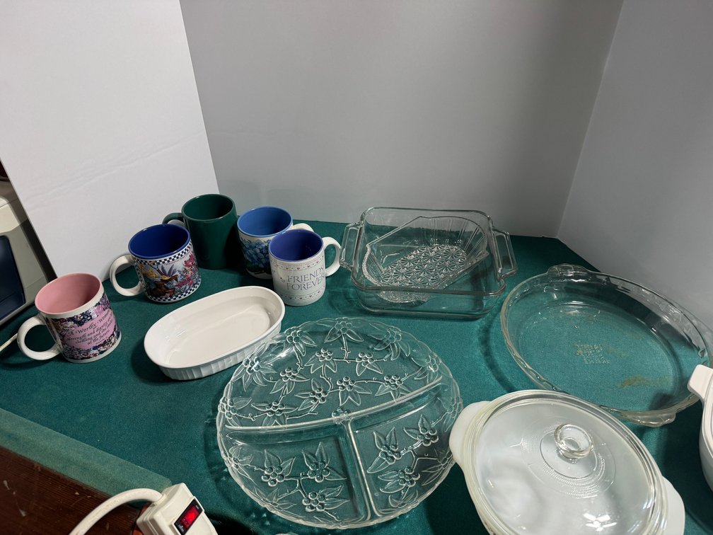 Storage Bin with Kitchenware, Glassware, Bakeware, and Linens