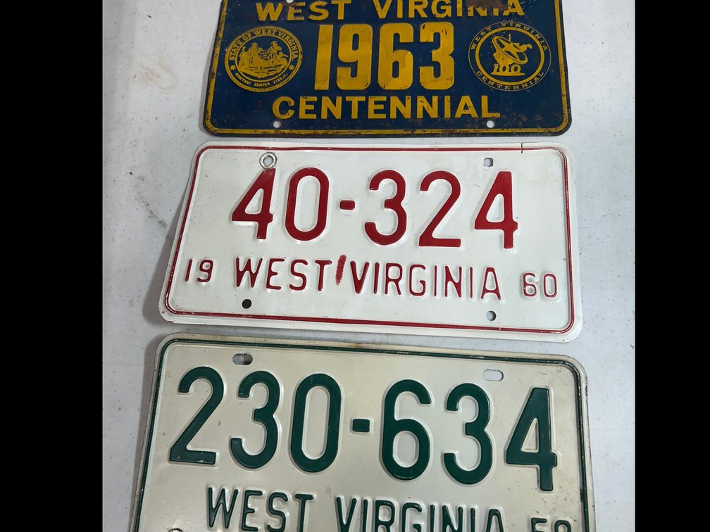1958 WV License Plate, 1960 WV License Plate, 1963 Centennial License Plate