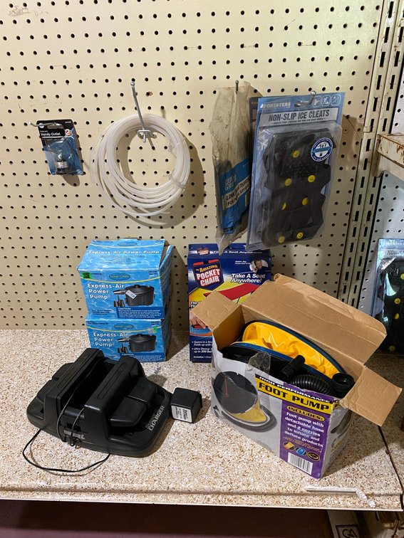 Foot pump, express air power pump, non slip ice cleats, super charger and more