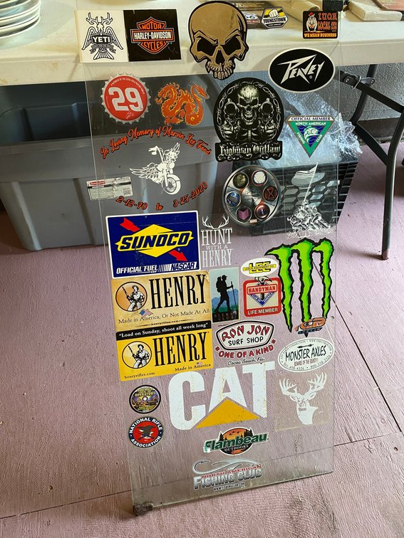 Piece of glass with stickers
