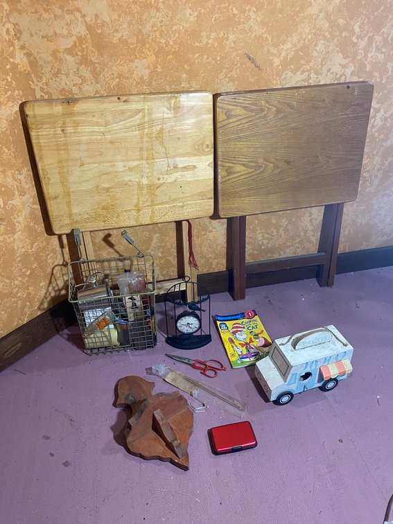 TV trays, bike basket, toy taco truck