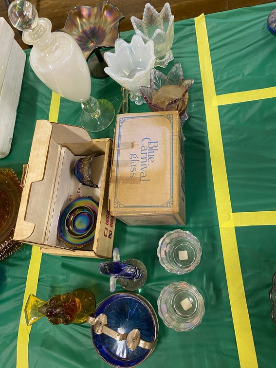 Glass figurines, Mosser Carnival Glass in Box, Etc.