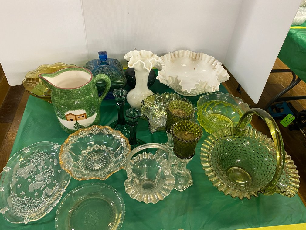 Glassware, Pottery, Glass Basket, Misc.