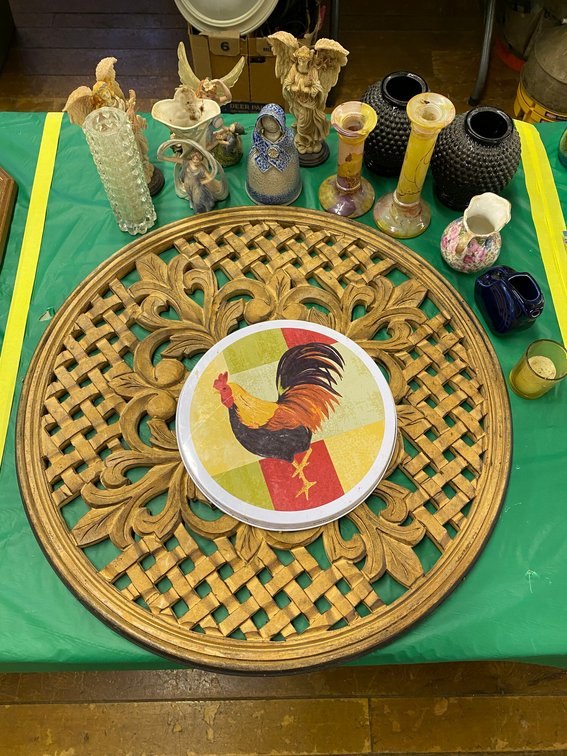 Round Wall hanging, Glass and Pottery Figurines, small Fiesta pitcher