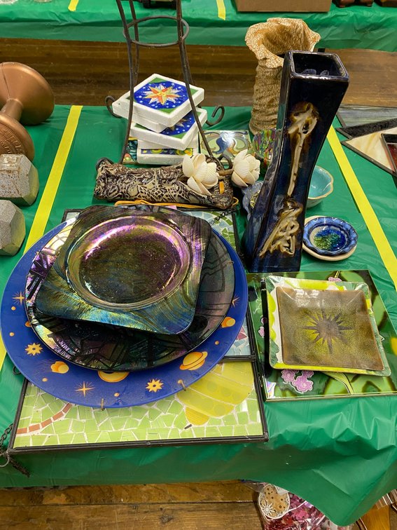Small Mosaic and Metal Table, Pottery, Glass Plates, Etc.