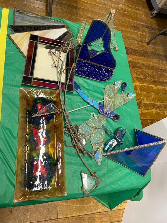 small Art Glass Tray, Glass Dragonflies, Stain Glass Pieces, Etc.