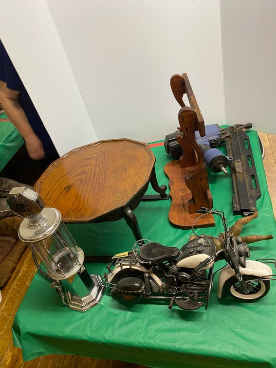 Motorcyle Model, Gas Pump Model, Small Wooden Stand, Etc