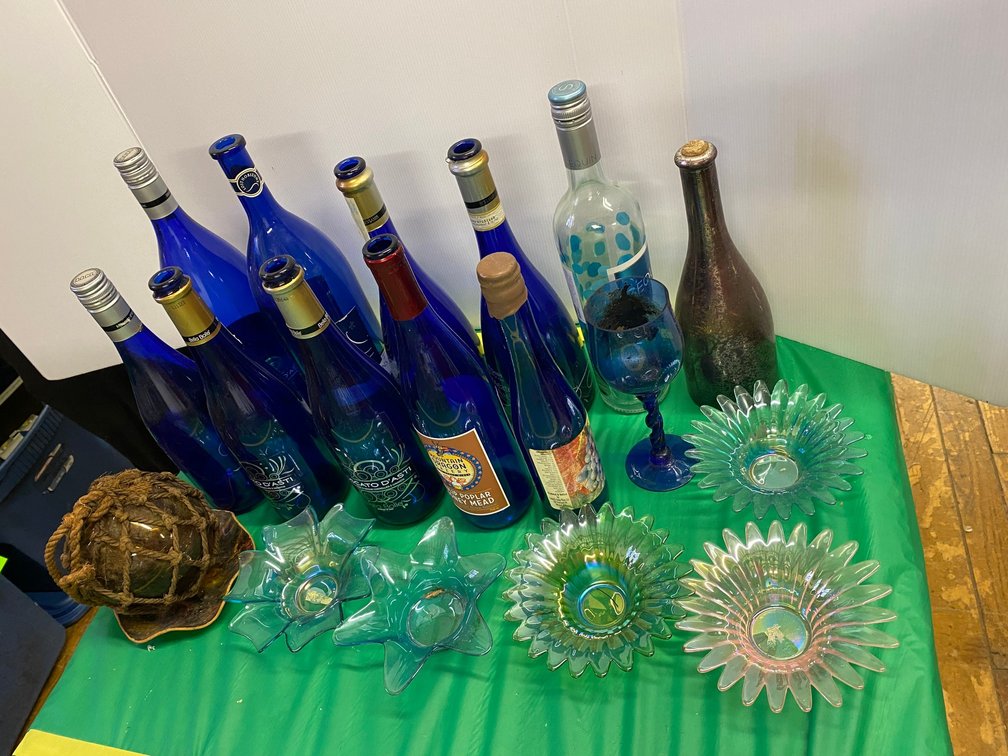 Blue Bottles,  Hanging Planter, Glassware, Misc.