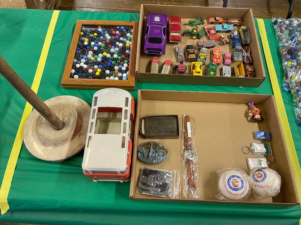 Marbles, Toy Cars, Baseballs, Belt buckles, Crock Lid and dasher, Misc.