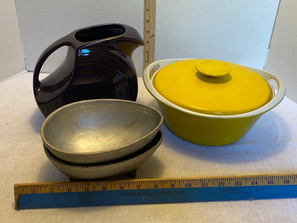 Cast Iron Casserole with Lid Marked Denmark, Fiesta Style Pitcher Not marked