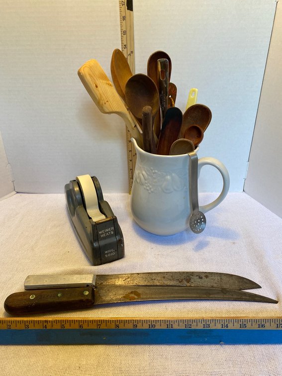 2-Early Butcher Knives, Tape Dispenser Marked Weimer Meats, Pitcher of Wooden Serving Spoons