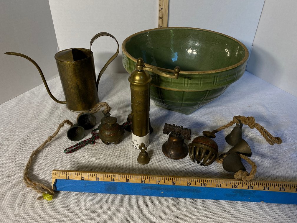 Stone Ware Bowl with Brass Items, Pepper Grinder, Bells, Watering Can