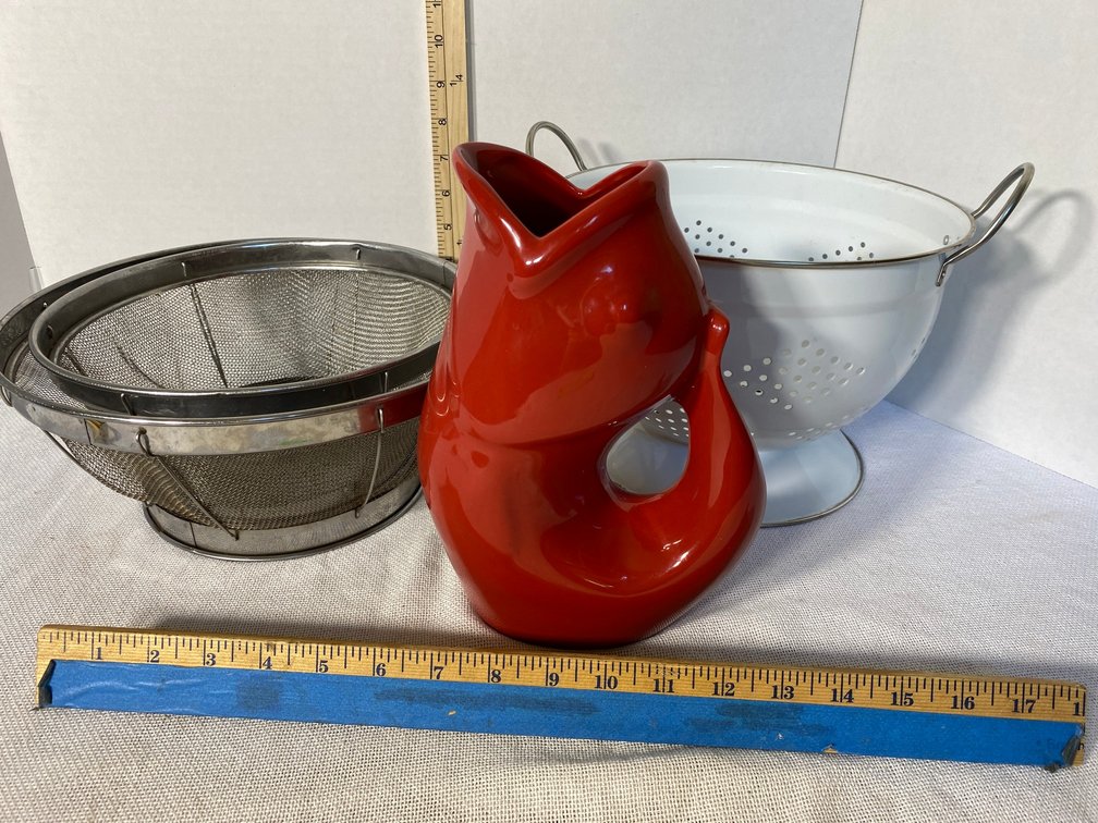 3-Colanders, Gurgle Pot Pitcher shaped like a Fish