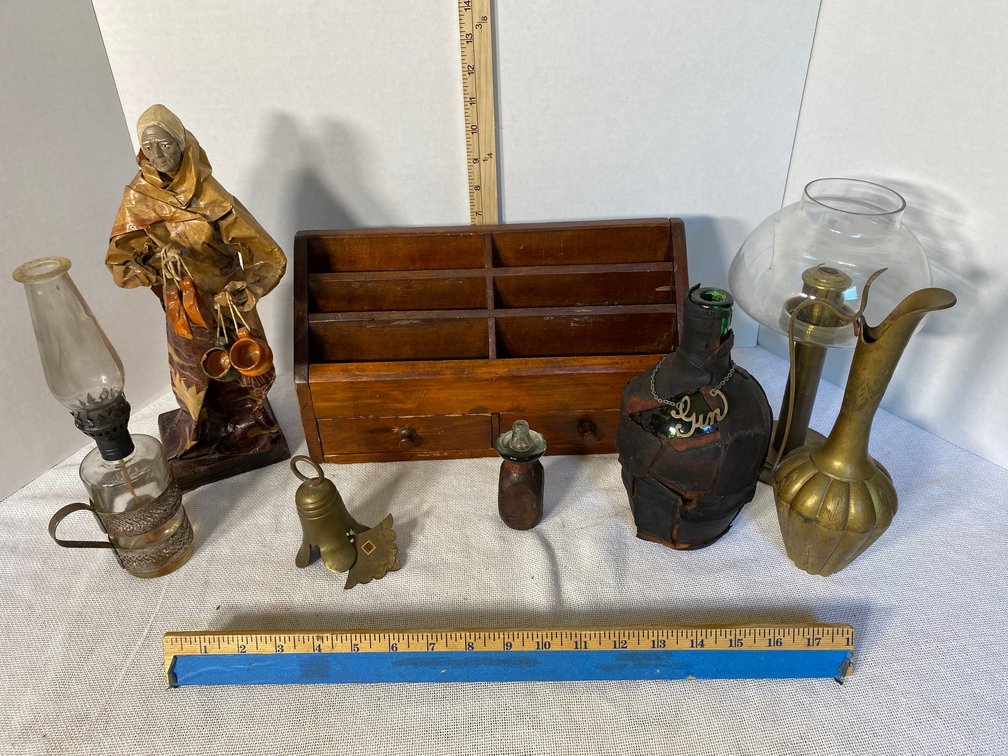 Oil Lamp, Paper Mache Type Lady Figure, a Gin Bottle, Brass Bells