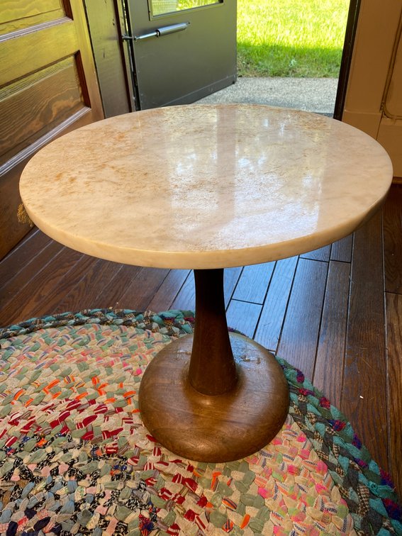 Round Pedestal Side Table with Mid Century Style Wooden Base