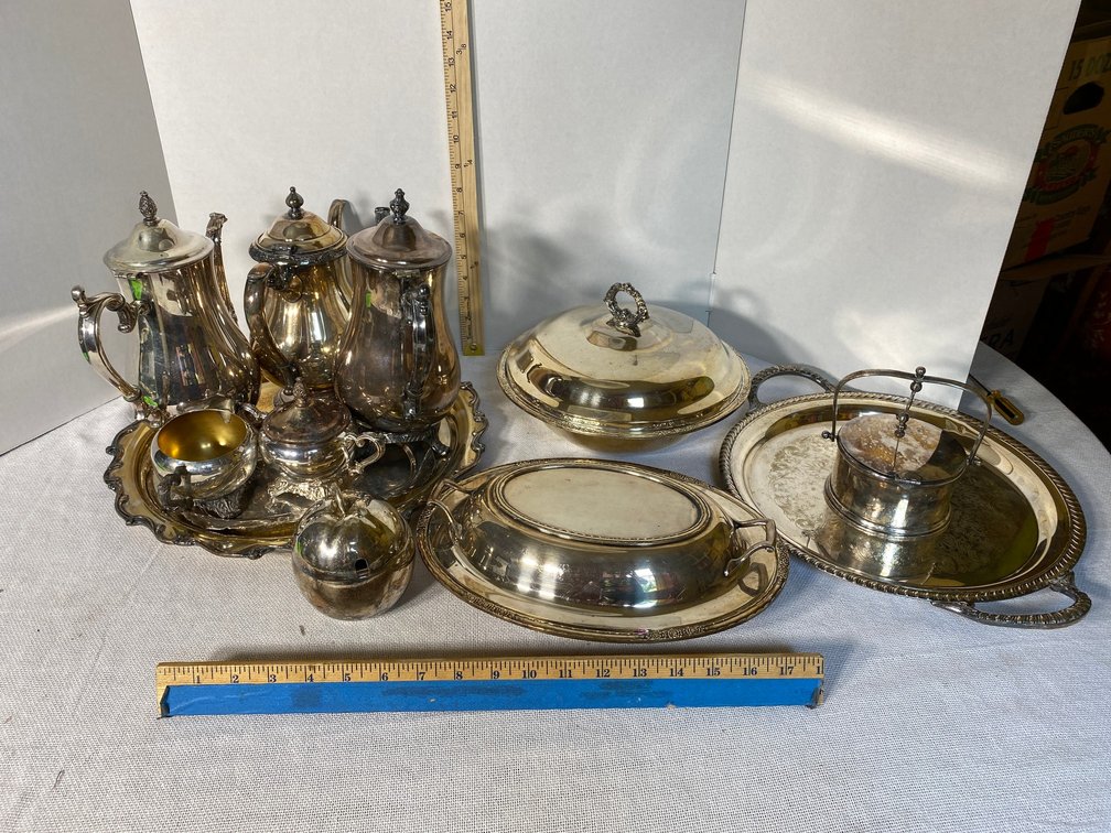 Silver Plate Tea Set, Silver Plate Serving Accessories and Platters