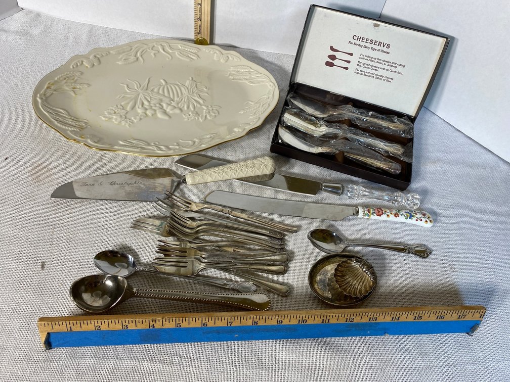Lenox Platter with a Lenox Cake Server, Assorted silver Plate forks and Spoons and Knives