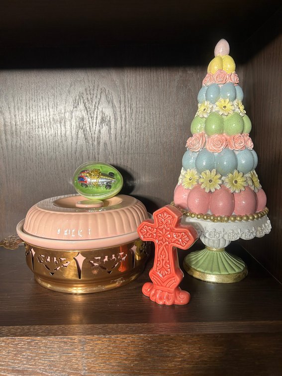 Decorative Easter Tree, pink ceramic lidded dish with metal stand, Glass Cross, Hot Wheel