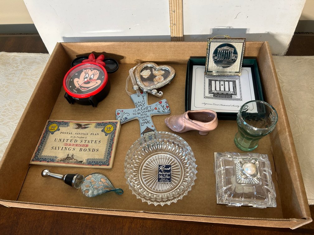Savings Bonds Book , Minnie Mouse Clock, Small Coca-Cola Glass, Misc.