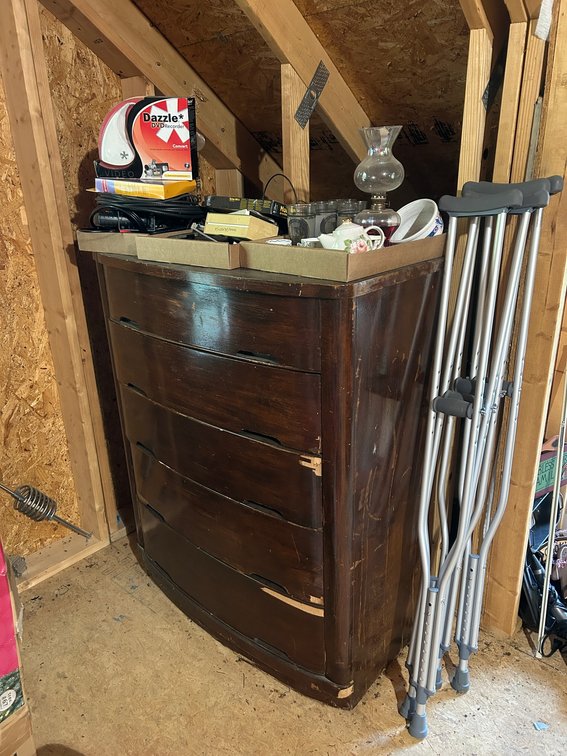 Chest of Drawers, Small Oil Lamp, Cups and Saucers, Electronics, Crutches