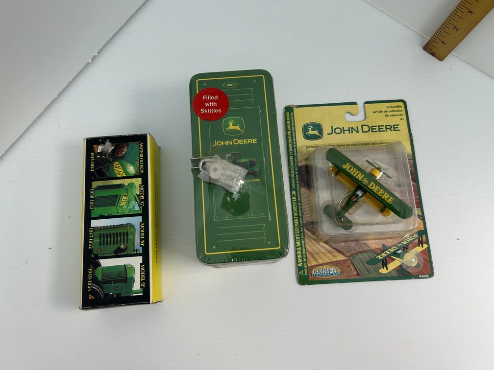 John Deere Historical 4 Piece Toy Set, John Deere Bi-Plane, John Deere Metal Locker