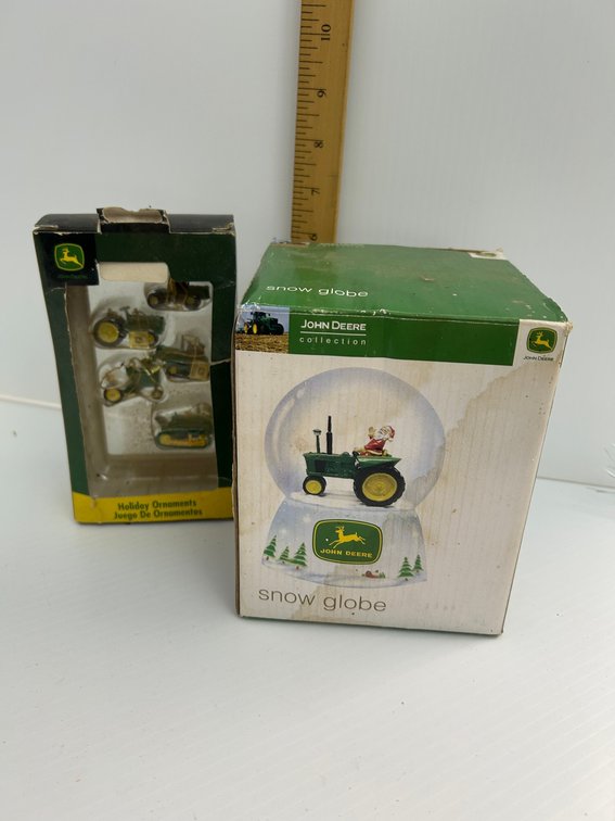John Deere Collectibles Lot:  Holiday Ornament Set & Santa Tractor Snow Globe