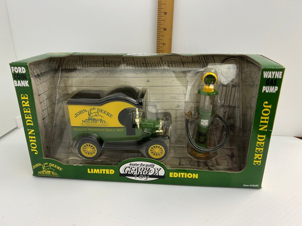 John Deere Gearbox Toy Set - 1912 Ford Model T Delivery Car Coin Bank and Wayne Gas Pump Replica