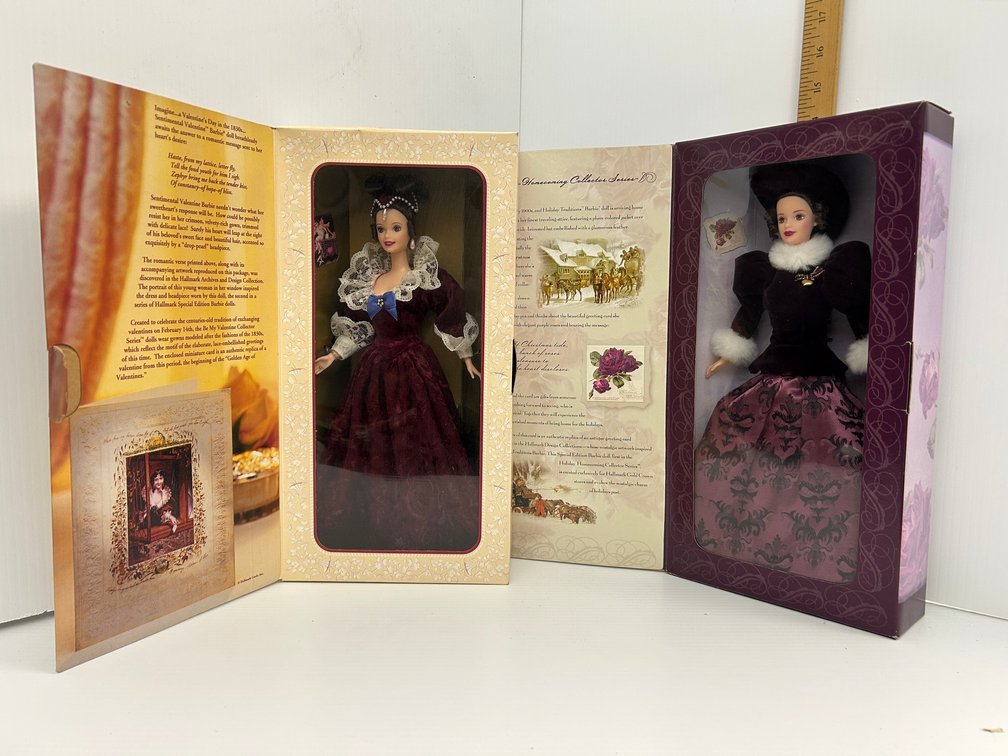Two Hallmark Gold Crown Exclusive Barbie Dolls - Sentimental Valentine and Holiday Traditions