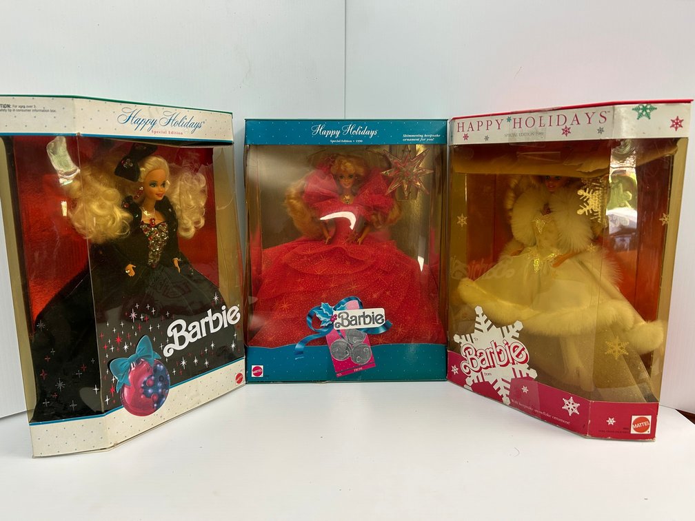 Three Vintage Mattel Happy Holidays Special Edition Barbie Dolls (1988, 1989, 1990)