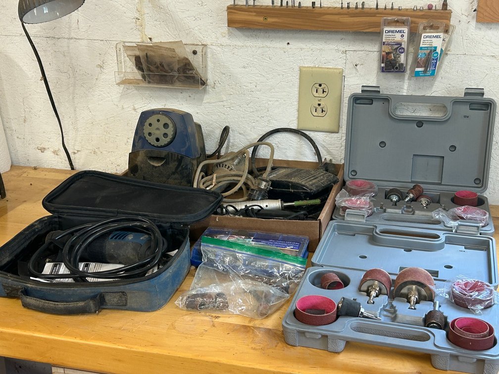 2 Standing drum kits, Ryobi rotary tool, several industrial tools