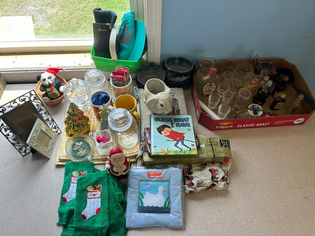 Christmas Hand towels, Books, Picture Frames, Vintage Bottles