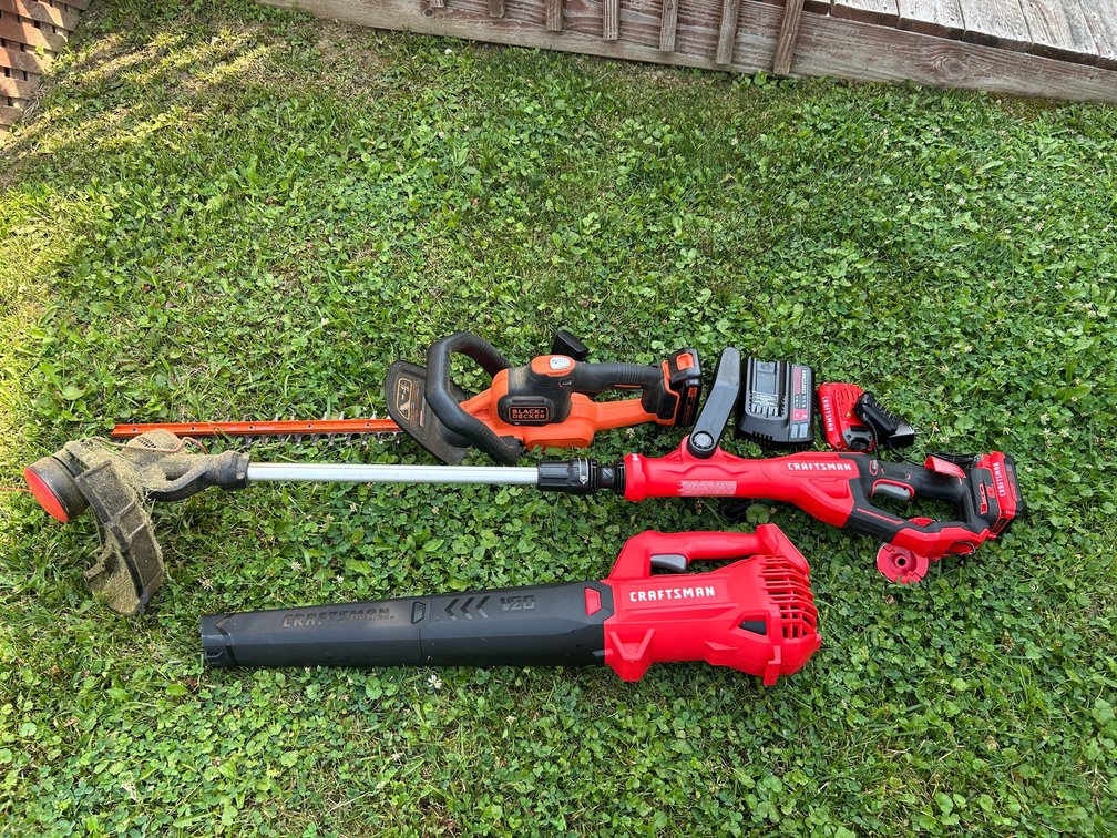 Craftsman weed eater, Craftsman blower-20 volt, Black & Decker hedge trimmers