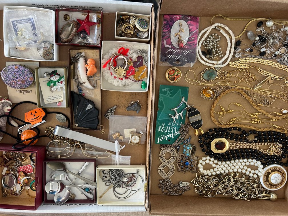 2-Boxes Costume Jewelry Eclectic Highly Decorated Rings, Necklaces, Pendants