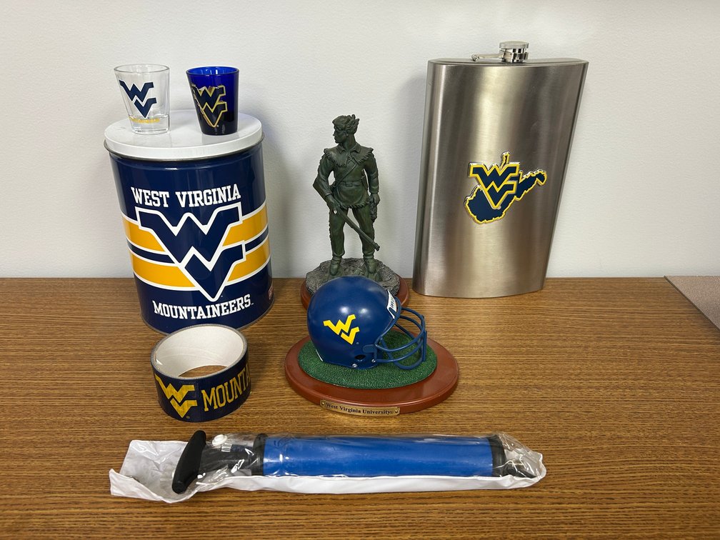 WVU flask, air pump, misc. WVU memorabilia