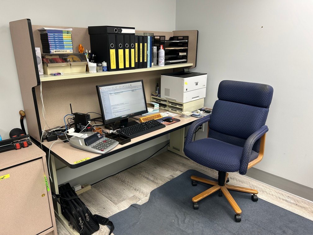 Desk with shelf, blue swivel office chair
