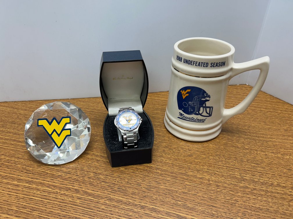 WVU watch, large cut glass paperweight, mug