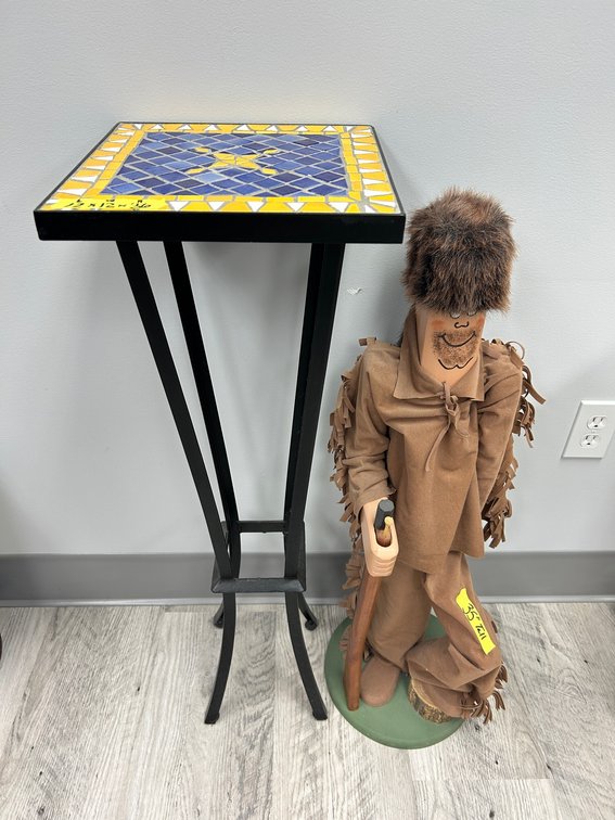 Metal and mosaic top table, folk art WVU Mountaineer with rifle