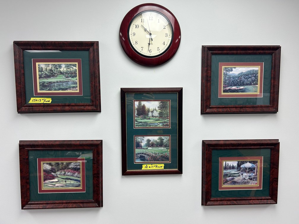 5 Framed pictures from Augusta National Golf Course, Westclox wall clock