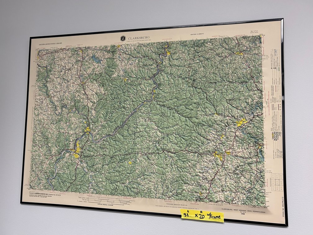 Framed relief map of Clarksburg, WV area