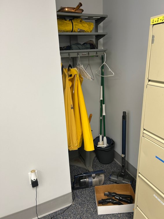 Shark vacuum sweeper, raincoats, umbrellas, mops and buckets, misc.
