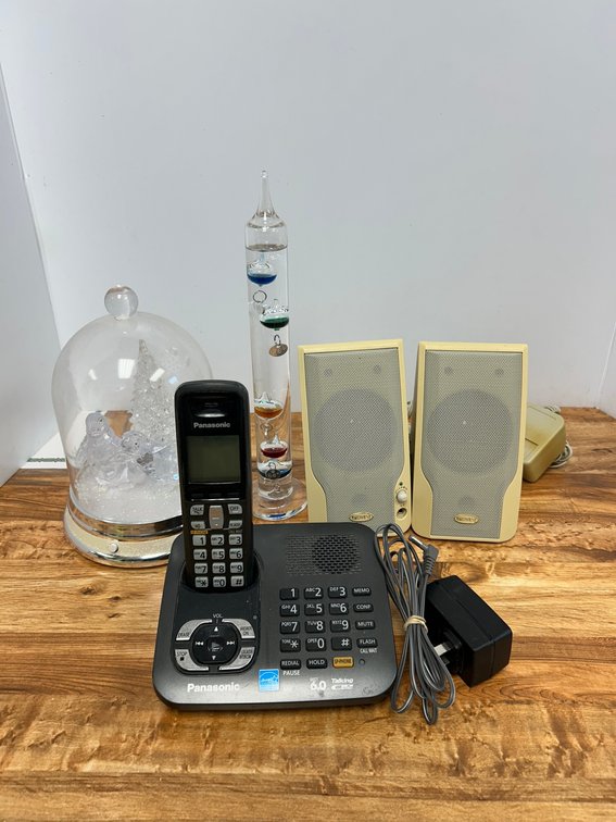 Panasonic cordless telephone, computer speakers, glass tube liquid thermometer, misc.