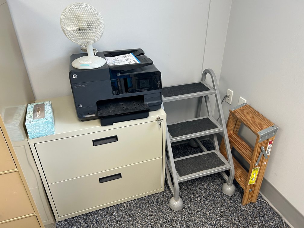 2 Drawer filing cabinet, HP printer/copier, movable step ladder on wheels, miniature wooden ladder