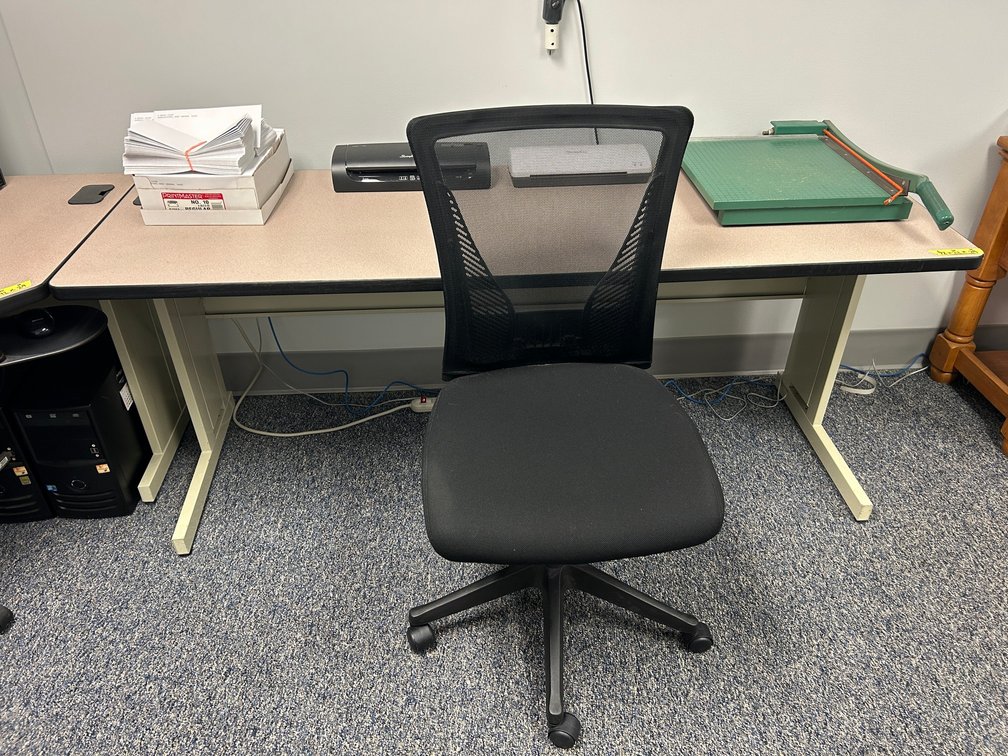 Office table and chair, paper cutter