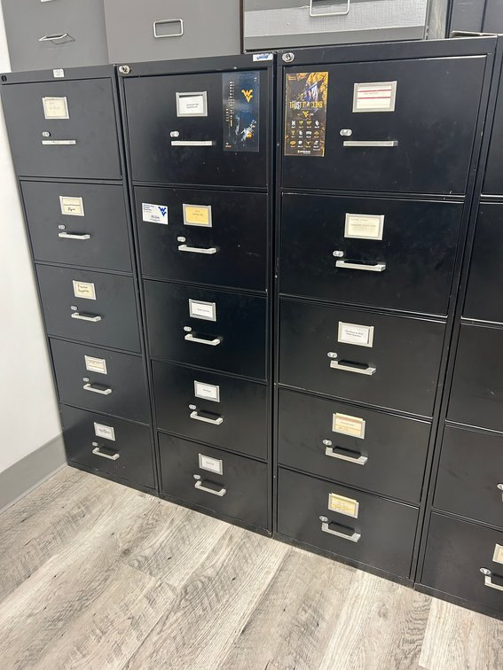 Three 5 drawer metal file cabinets contents on top NOT included