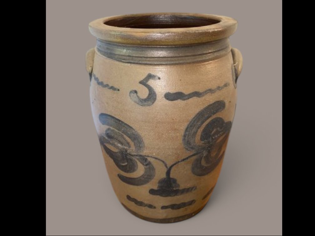 15" Antique salt glaze hand decorated stoneware crock