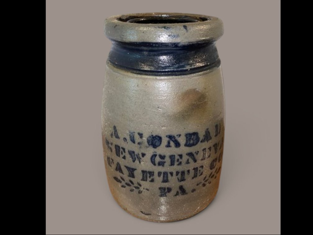A. Conrad, New Geneva, Fayette Co., PA Stoneware Advertising Crock