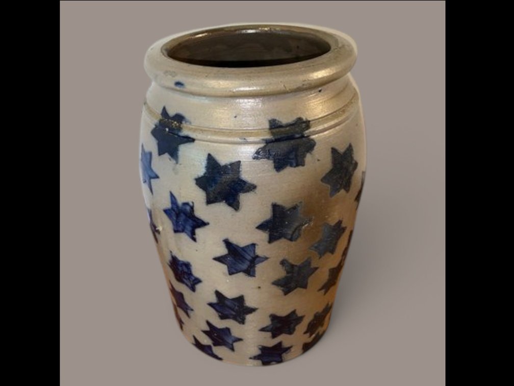Exceptional 10" American Salt-Glazed Stoneware Jar with Hand-Painted Cobalt Star Decoration